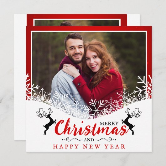 おもしろいレッド&ホワイト雪片の夫と妻の写真 シーズンカード (正面/裏面)
