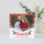 おもしろいレッド&ホワイト雪片の夫と妻の写真 シーズンカード (スタンド正面)