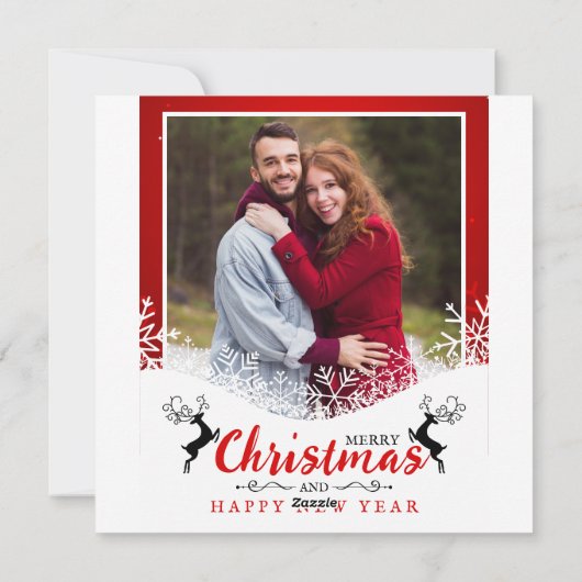 おもしろいレッド&ホワイト雪片の夫と妻の写真 シーズンカード (裏面)