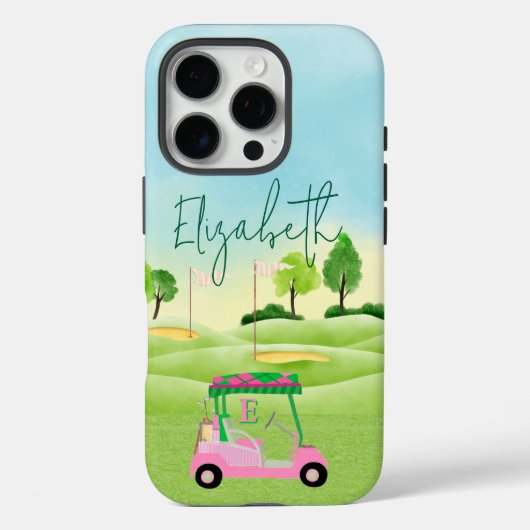 おもしろいレディーゴルファーのピンクカートクラブモノグラム名 Case-Mate iPhoneケース (裏面)