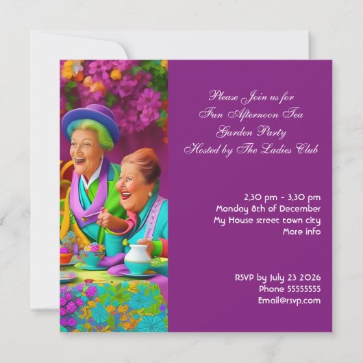 おもしろいレディースアフタヌーンハイティーガーデンパーティー3 招待状 (裏面)