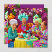 おもしろいレディースアフタヌーンハイティーガーデンパーティー4 招待状 (正面/裏面)