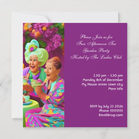 おもしろいレディースアフタヌーンハイティーガーデンパーティー4 招待状 (裏面)