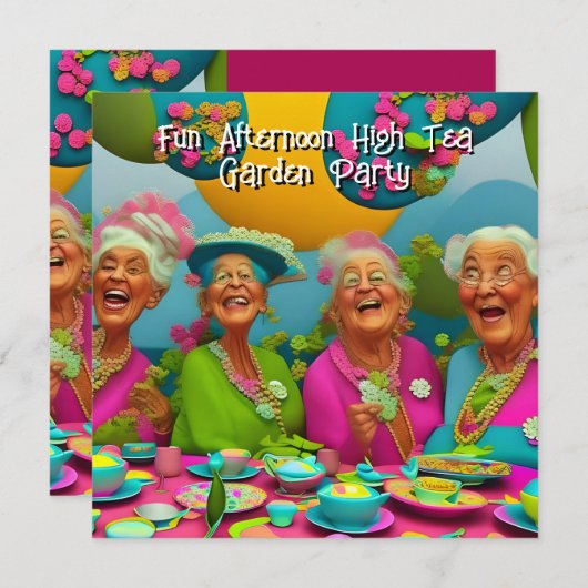 おもしろいレディースアフタヌーンハイティーガーデンパーティー6 招待状 (正面/裏面)
