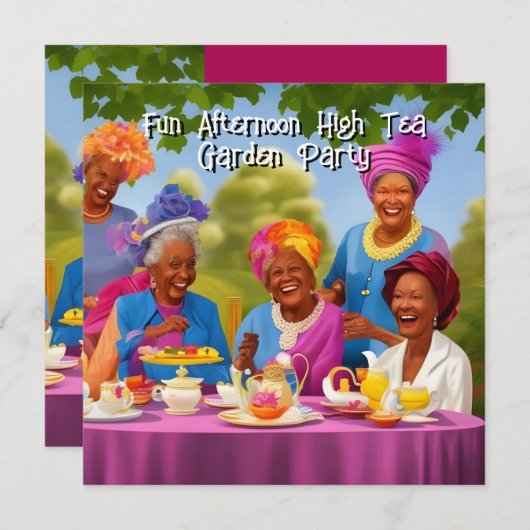 おもしろいレディースアフタヌーンハイティーガーデンパーティー 招待状 (正面/裏面)