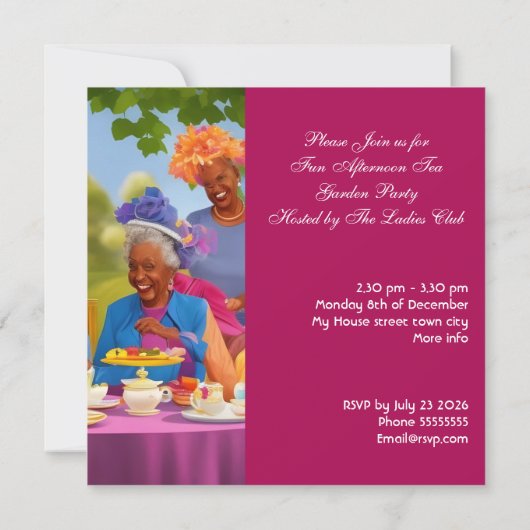 おもしろいレディースアフタヌーンハイティーガーデンパーティー 招待状 (裏面)