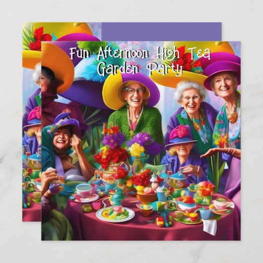 おもしろいレディースアフタヌーンハイティーガーデンパーティー 招待状 (正面/裏面)