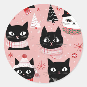 おもしろいレトロのクリスマスキャッツon Pink ラウンドシール