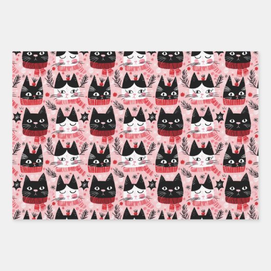 おもしろいレトロのクリスマスキャッツon Pink ラッピングペーパーシート (正面2)