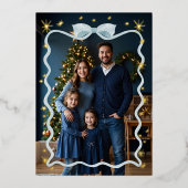 おもしろいレトロウェーブブルーリボン&スターフォトクリスマス 箔シーズンカード (正面)