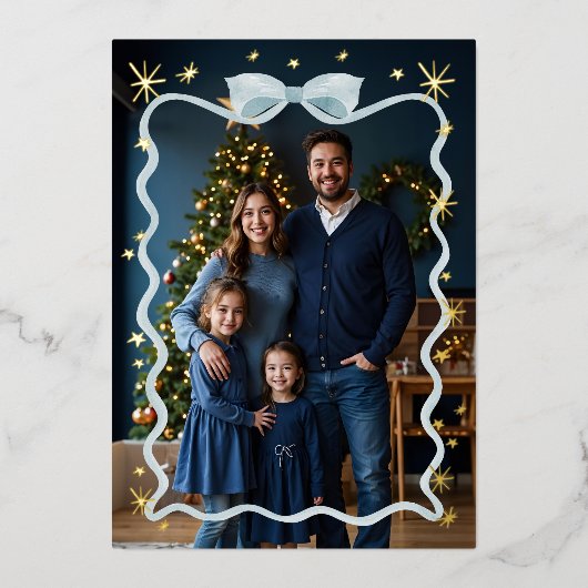 おもしろいレトロウェーブブルーリボン&スターフォトクリスマス 箔シーズンカード (正面)