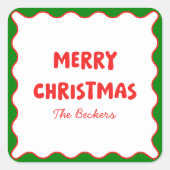 おもしろいレトロウェーブレッドとグリーンカスタムシッククリスマス スクエアシール (正面)