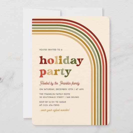 おもしろいレトロカラフルアーチクリスマスホリデーパーティー 招待状 (正面)