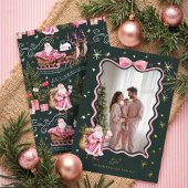 おもしろいレトロサンタウェーブピンクリボン写真クリスマス 箔シーズンカード