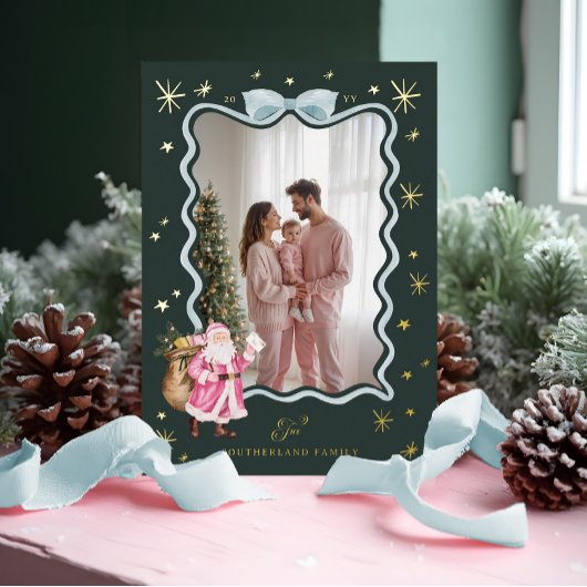 おもしろいレトロサンタウェーブブルーリボン写真クリスマス 箔シーズンカード