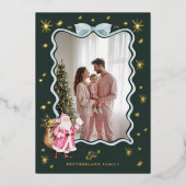 おもしろいレトロサンタウェーブブルーリボン写真クリスマス 箔シーズンカード (正面)