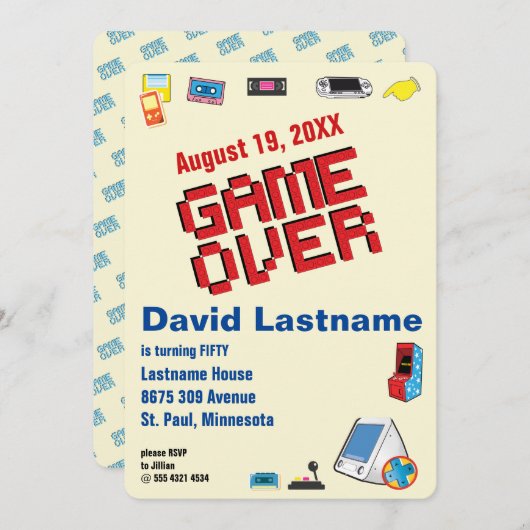 おもしろいレトロビデオゲーマー🎮 50誕生日40日60日 招待状 (正面/裏面)