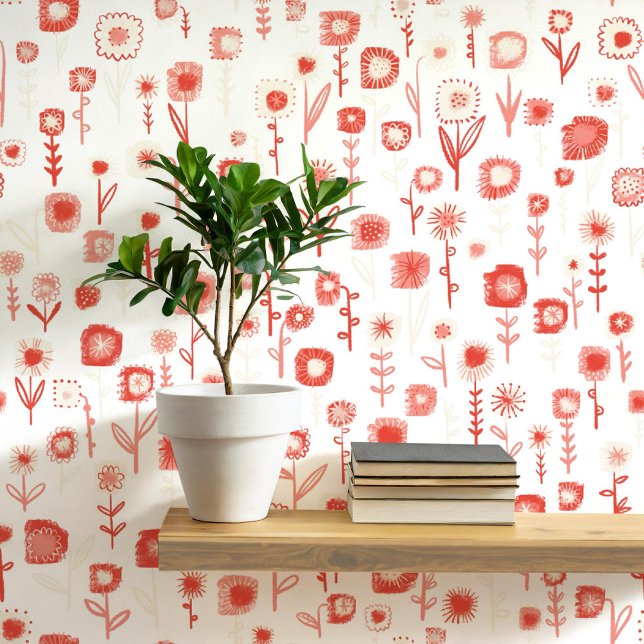 おもしろいレトロピンクと白の花柄 壁紙 (Retro groovy floral pink and white wildflower pattern peel and stick wallpaper)