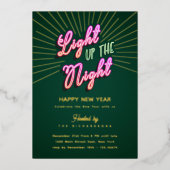 おもしろいレトロピンクグリーンネオンハッピーニューイヤーパーティー 箔シーズンカード (正面)