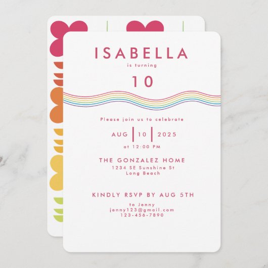 おもしろいレトロレインボーフラワーズ誕生日 招待状 (正面/裏面)