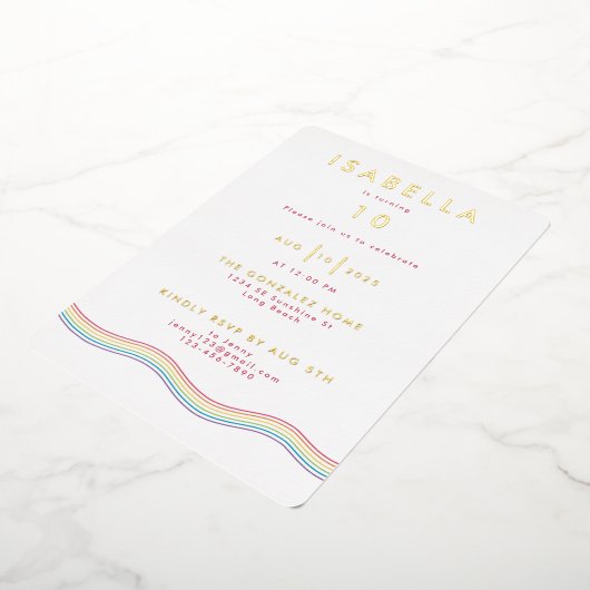 おもしろいレトロレインボーフラワーバースデーパーティー 箔招待状 (回転した状態)