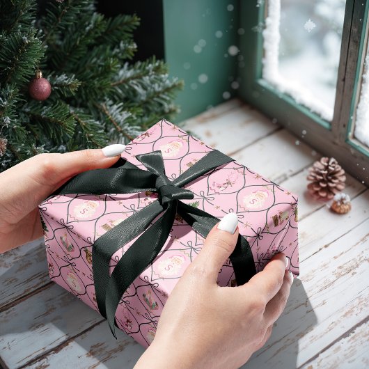 おもしろいレトロヴィンテージクリスマスピンクリボンの水色 ラッピングペーパーシート