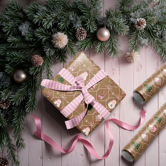 おもしろいレトロヴィンテージクリスマスピンクリボンの水色 ラッピングペーパーシート