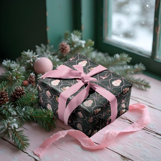 おもしろいレトロヴィンテージクリスマスピンクリボンの水色 ラッピングペーパー