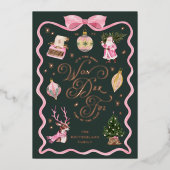 おもしろいレトロヴィンテージクリスマスピンクリボンの水色 箔シーズンカード (正面)