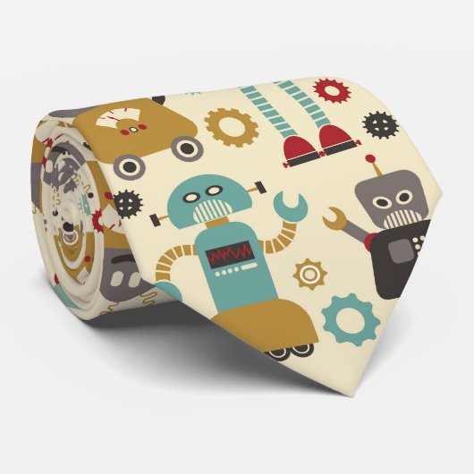 おもしろいレトロ図解入りの、写真付きのロボットのパターン（クリーム） ネクタイ (ロール)