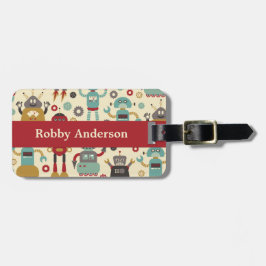 おもしろいレトロ図解入りの、写真付きのロボットのパターン（クリーム） ラゲッジタグ