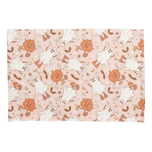 おもしろいレトロ幽霊およびジャッキ – O – ランタンパターン 枕カバー (正面)