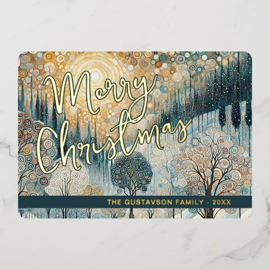おもしろいレトロ抽象芸術ウィンタースノーワンダーランドアート金ゴールド 箔シーズンカード (正面)