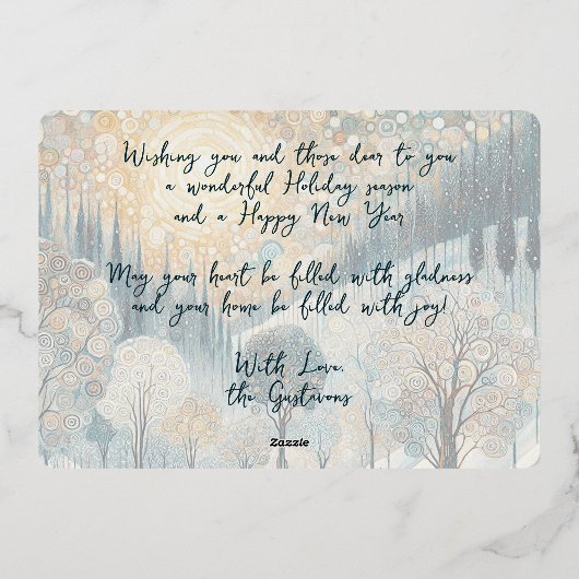 おもしろいレトロ抽象芸術ウィンタースノーワンダーランドアート金ゴールド 箔シーズンカード (裏面)