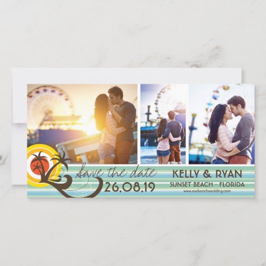 おもしろいレトロ熱帯ビーチサンセットパームツリーズ3写真 セーブザデート (正面)