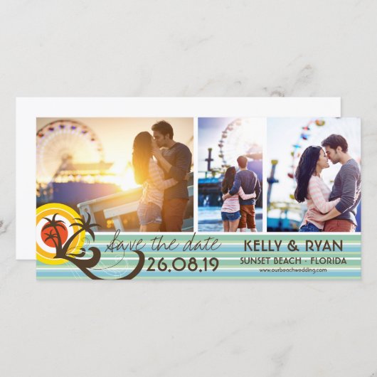 おもしろいレトロ熱帯ビーチサンセットパームツリーズ3写真 セーブザデート (正面/裏面)