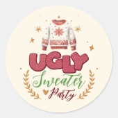 おもしろいレトロ醜いセータークリスマスパーティー ラウンドシール (正面)