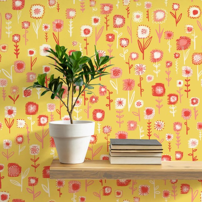 おもしろいレトロ黄花柄 壁紙 (Retro yellow and pink floral ditsy fun peel and stick wallpaper)