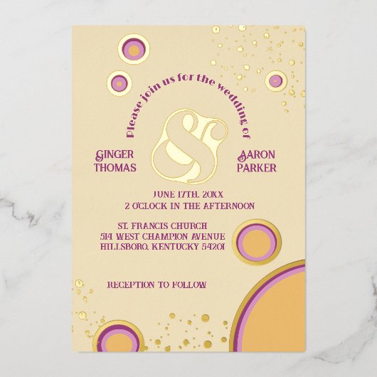 おもしろいレトロ70s Groovy Circles結婚の金ゴールド 箔招待状 (正面)