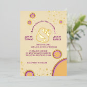 おもしろいレトロ70s Groovy Circles結婚の金ゴールド 箔招待状 (立ち正面)