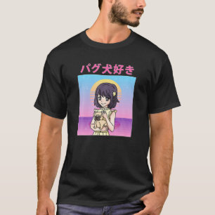 おもしろいレトロ90S日本のかわいいアニメガールPUG DOG Tシャツ