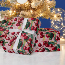 おもしろいレトロ「さくらんぼポップ・アートの」ピンク ラッピングペーパー