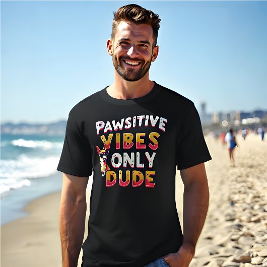 おもしろいレトロ'Pawsitive Vibes Only Dude'ブラック Tシャツ