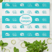 おもしろいレトロRVハッピーキャンパーズインアクア&ホワイト キッチンタオル (折り畳み)