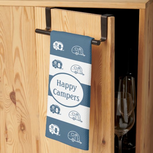 おもしろいレトロRVハッピーキャンパーin青と白 キッチンタオル (三つ折り)