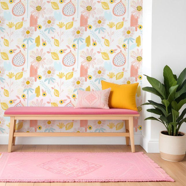 おもしろいレモンのザクロ果実花の模様 壁紙 (Fun Citrus Lemon Pomegranate Fruit Floral Pattern Wallpaper)