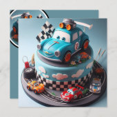 おもしろいレースカーをテーマにしたお誕生日ケーキ 招待状 (正面/裏面)