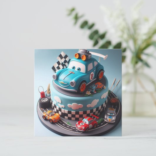 おもしろいレースカーをテーマにしたお誕生日ケーキ 招待状 (スタンド正面)