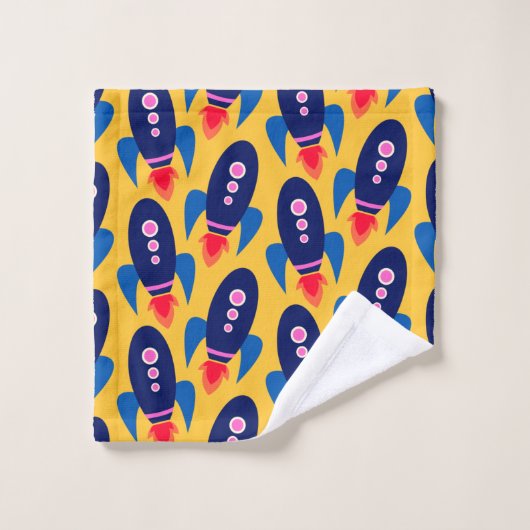 おもしろいロケット宇宙船の宇宙飛行士の模様（黄色） バスタオルセット (ウォッシュタオル)