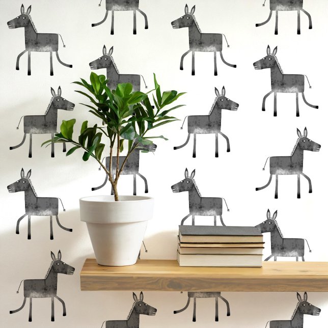 おもしろいロバ灰色の白色パターン 壁紙 (Fun donkey pattern peel and stick wallpaper in gray and white)